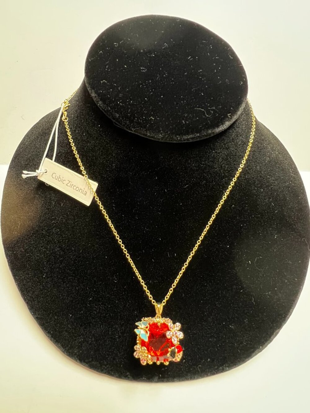 Gold tone chain red cubic zircon ladybug butterfly flower pendant whimsical
